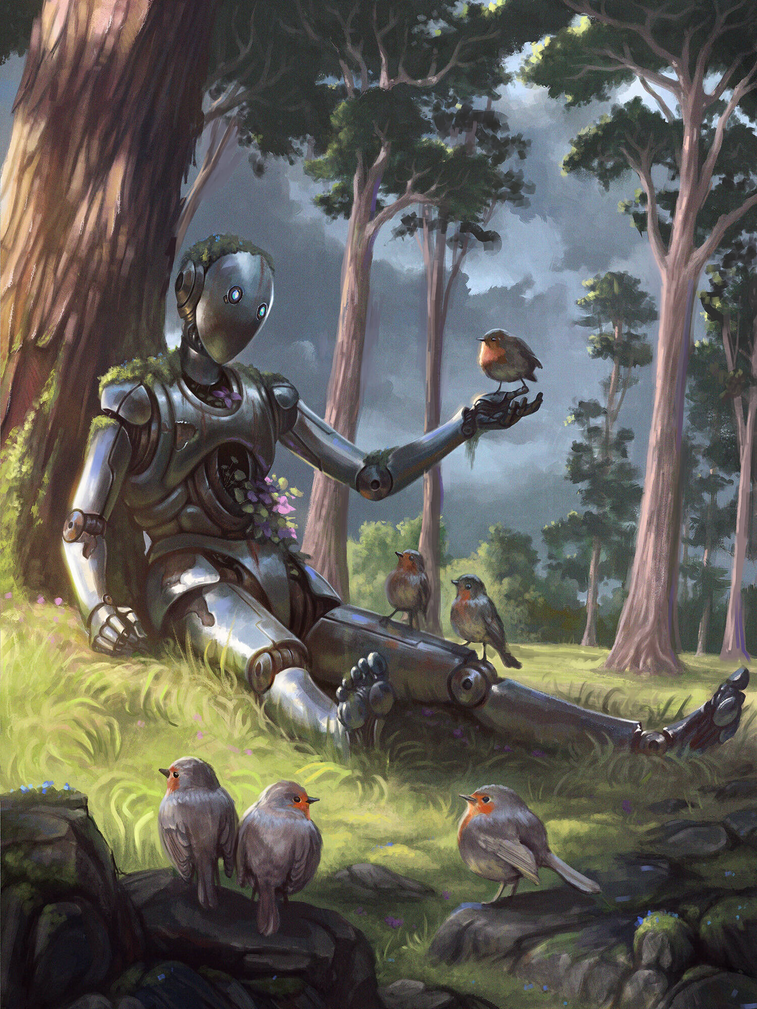 An android sitting beneath a tree with birds.